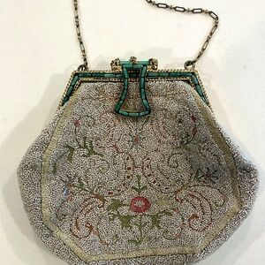 Vintage purse with embroidery, hand beading, and jade accents. Gray silk inside